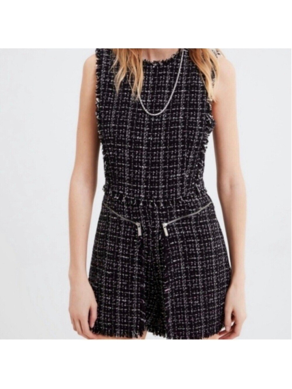 Zara Tweed Romper M Black White Pink Fringe Trim Sleeveless Zip Detail